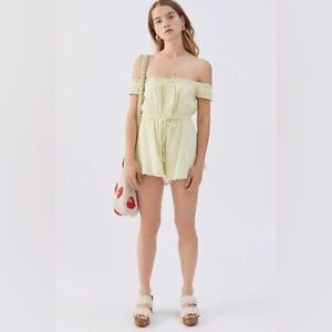 UO Evie Off-The-Shoulder Check Romper Urban Outfitters Light Green Ruffle Size M